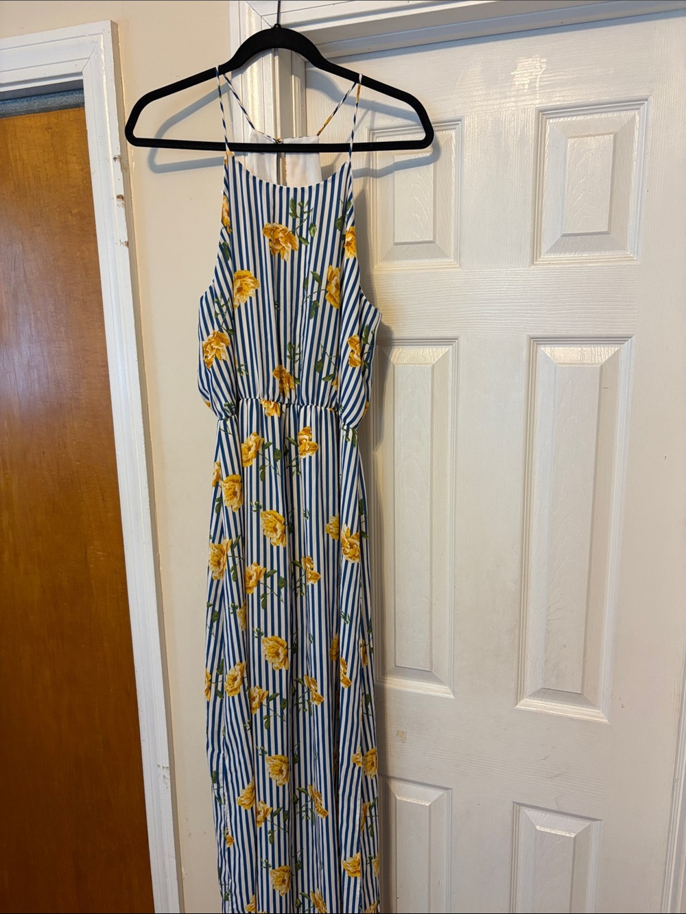 French Grey Blue & White Striped Maxi Dress with Yellow Floral Motif